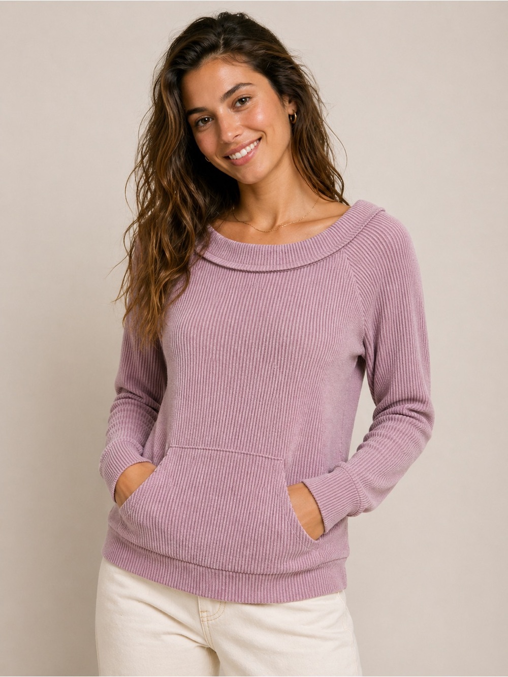 Fantastic Fawn Ribbed Boatneck Pocket Long Sleeve Top Mauve Pink Medium